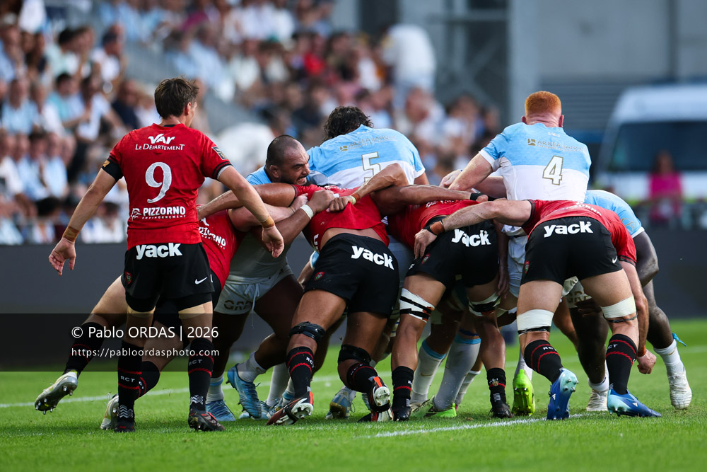 Emerick Setiano, lors du match de Top 14 entre l'Aviron bayonnais et Toulon, le 5 septembre 2026 au stade Jean Dauger de Bayonne, France (Photo Pablo ORDAS)