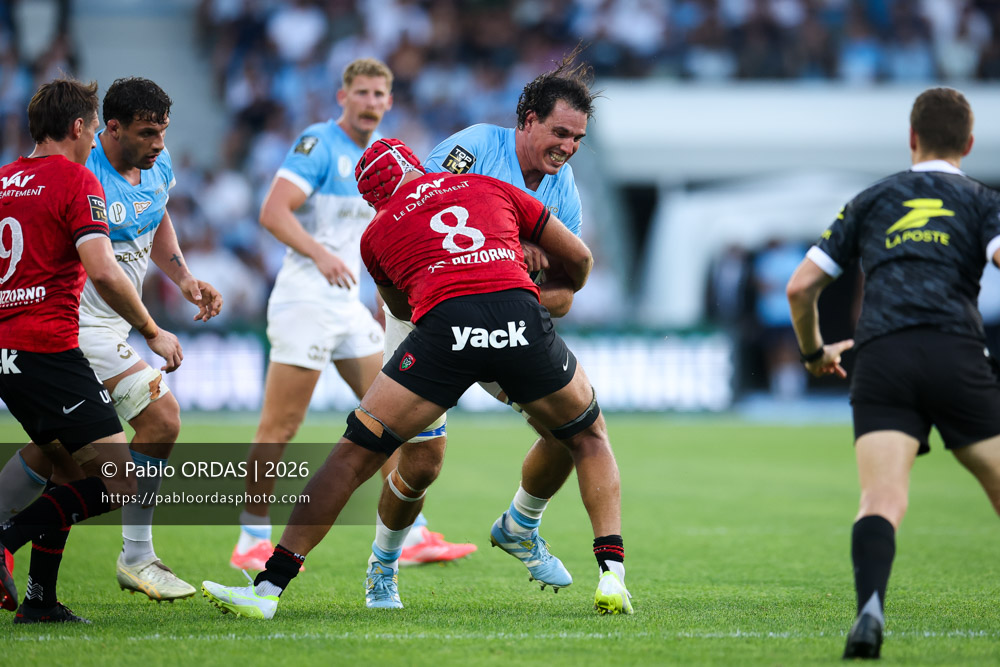 Lucas Paulos, lors du match de Top 14 entre l'Aviron bayonnais et Toulon, le 5 septembre 2026 au stade Jean Dauger de Bayonne, France (Photo Pablo ORDAS)