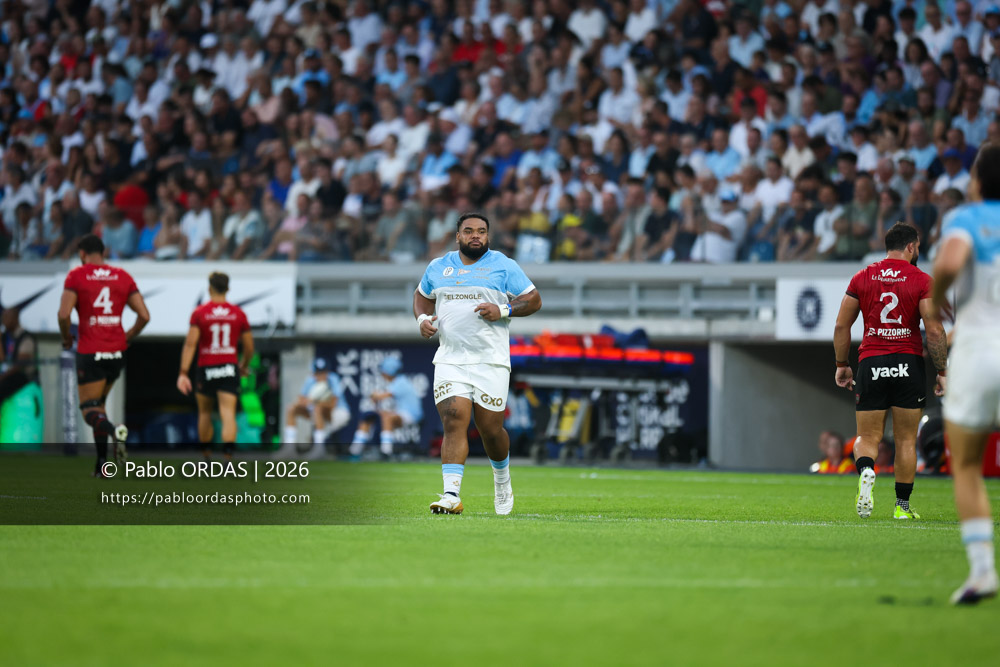 Tevita Tatafu, lors du match de Top 14 entre l'Aviron bayonnais et Toulon, le 5 septembre 2026 au stade Jean Dauger de Bayonne, France (Photo Pablo ORDAS)