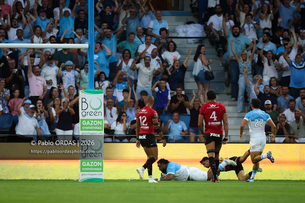 Tevita Tatafu, lors du match de Top 14 entre l'Aviron bayonnais et Toulon, le 5 septembre 2026 au stade Jean Dauger de Bayonne, France (Photo Pablo ORDAS)