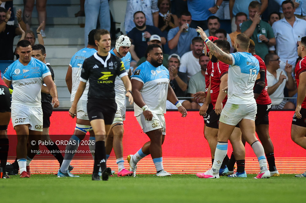 Tevita Tatafu, lors du match de Top 14 entre l'Aviron bayonnais et Toulon, le 5 septembre 2026 au stade Jean Dauger de Bayonne, France (Photo Pablo ORDAS)