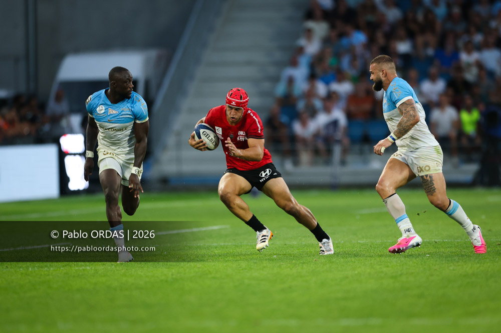 Joe Quere Karaba, lors du match de Top 14 entre l'Aviron bayonnais et Toulon, le 5 septembre 2026 au stade Jean Dauger de Bayonne, France (Photo Pablo ORDAS)