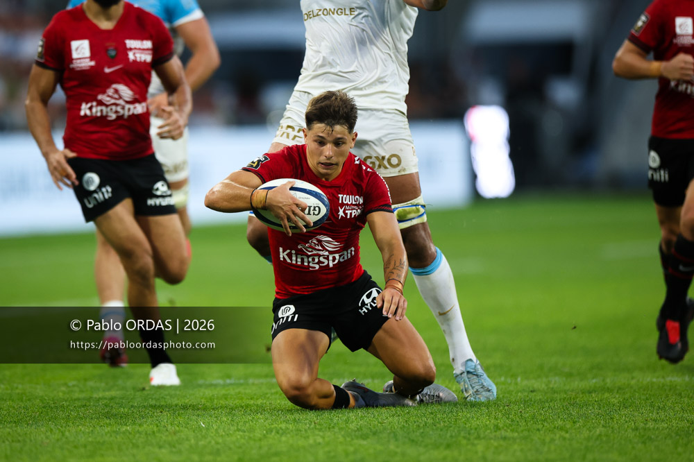 Mathis Ferté, lors du match de Top 14 entre l'Aviron bayonnais et Toulon, le 5 septembre 2026 au stade Jean Dauger de Bayonne, France (Photo Pablo ORDAS)