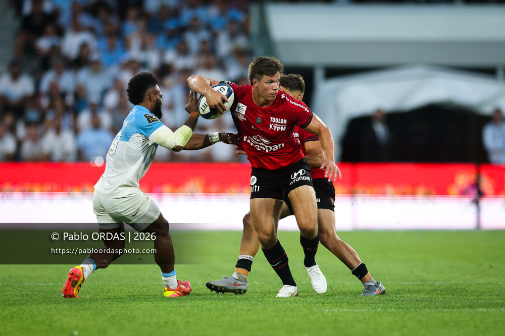 Huw Jones, lors du match de Top 14 entre l'Aviron bayonnais et Toulon, le 5 septembre 2026 au stade Jean Dauger de Bayonne, France (Photo Pablo ORDAS)
