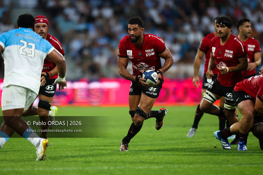 Swan Rebbadj, lors du match de Top 14 entre l'Aviron bayonnais et Toulon, le 5 septembre 2026 au stade Jean Dauger de Bayonne, France (Photo Pablo ORDAS)
