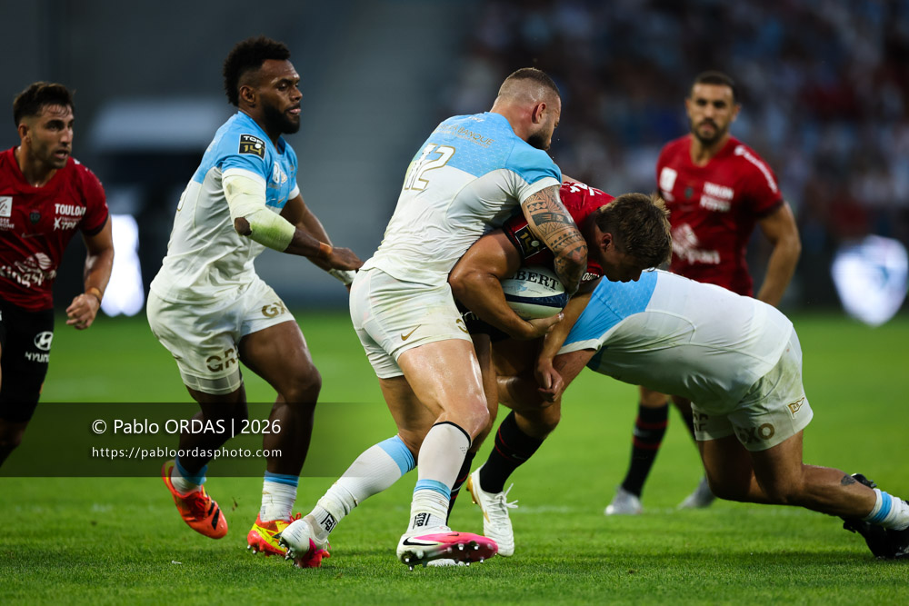 Huw Jones, lors du match de Top 14 entre l'Aviron bayonnais et Toulon, le 5 septembre 2026 au stade Jean Dauger de Bayonne, France (Photo Pablo ORDAS)