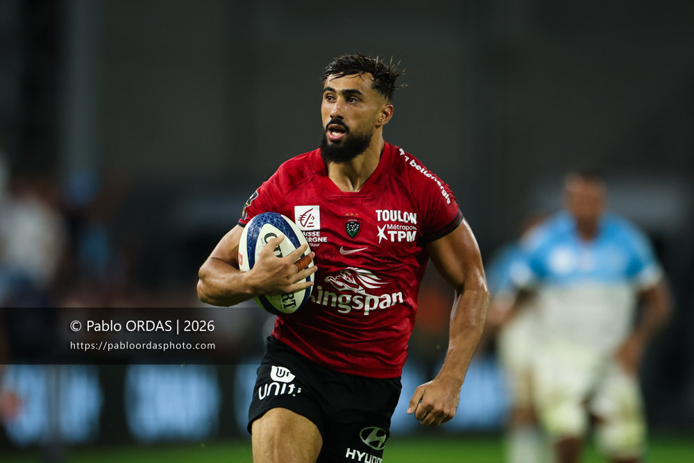 Rayan Rebbadj, lors du match de Top 14 entre l'Aviron bayonnais et Toulon, le 5 septembre 2026 au stade Jean Dauger de Bayonne, France (Photo Pablo ORDAS)