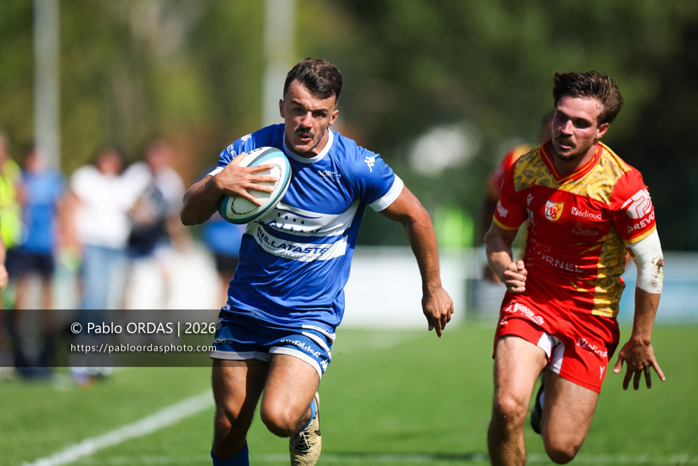 Maxime Rourre, lors du match de Fédéraile 1 entre l'Anglet olympique et l'Union Barbezieux Jonzac, le 6 septembre 2026 au stade Saint-Jean d'Anglet, France (Photo Pablo ORDAS)