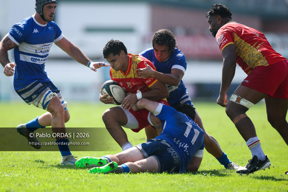Agustin Travaglini, Jules Lartigau, lors du match de Fédéraile 1 entre l'Anglet olympique et l'Union Barbezieux Jonzac, le 6 septembre 2026 au stade Saint-Jean d'Anglet, France (Photo Pablo ORDAS)