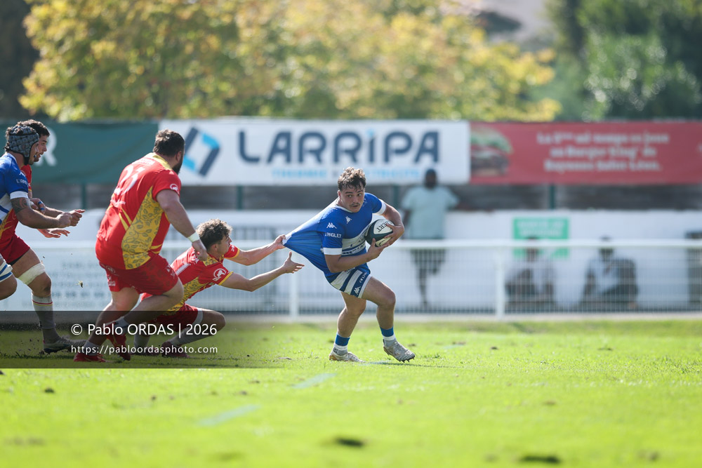 Téo Lascubé, lors du match de Fédéraile 1 entre l'Anglet olympique et l'Union Barbezieux Jonzac, le 6 septembre 2026 au stade Saint-Jean d'Anglet, France (Photo Pablo ORDAS)