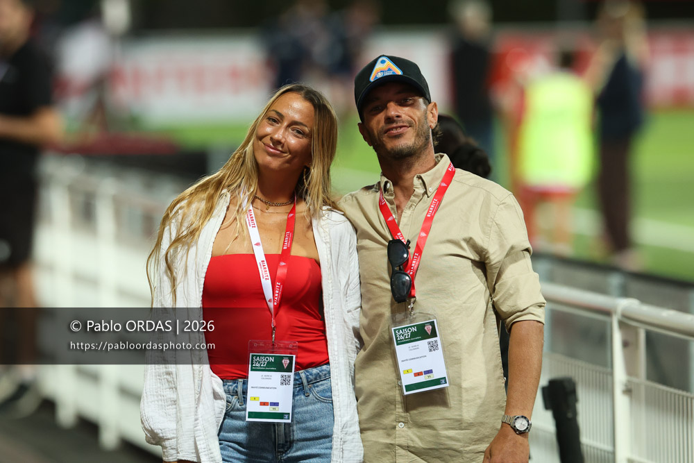 Maud Le Car, Andony Abaigar, lors du match de Pro D2 entre le Biarritz olympique et Colomiers, le 10 septembre 2026 au stade Aguiléra de Biarritz, France (Photo Pablo ORDAS)