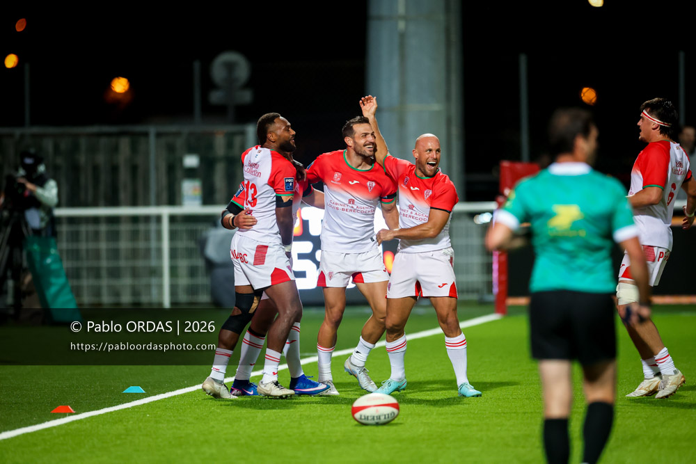 Mosese Dawai, Kylian Jaminet, Mathieu Acebes, lors du match de Pro D2 entre le Biarritz olympique et Colomiers, le 10 septembre 2026 au stade Aguiléra de Biarritz, France (Photo Pablo ORDAS)