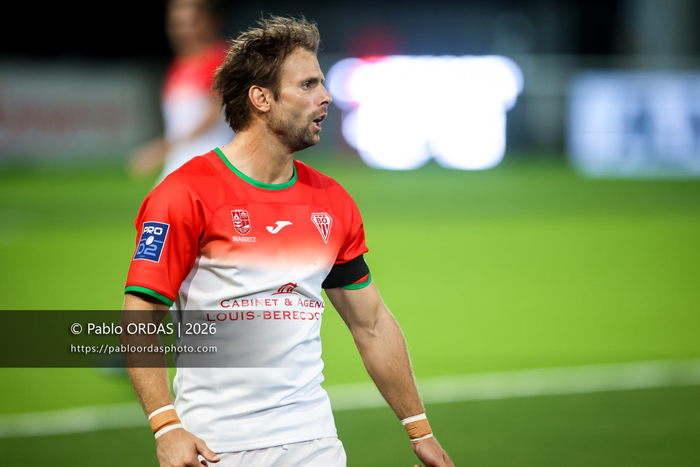 Yann Lesgourgues, lors du match de Pro D2 entre le Biarritz olympique et Colomiers, le 10 septembre 2026 au stade Aguiléra de Biarritz, France (Photo Pablo ORDAS)