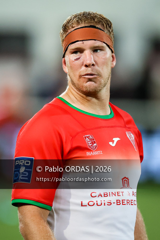 Heath Backhouse, lors du match de Pro D2 entre le Biarritz olympique et Colomiers, le 10 septembre 2026 au stade Aguiléra de Biarritz, France (Photo Pablo ORDAS)