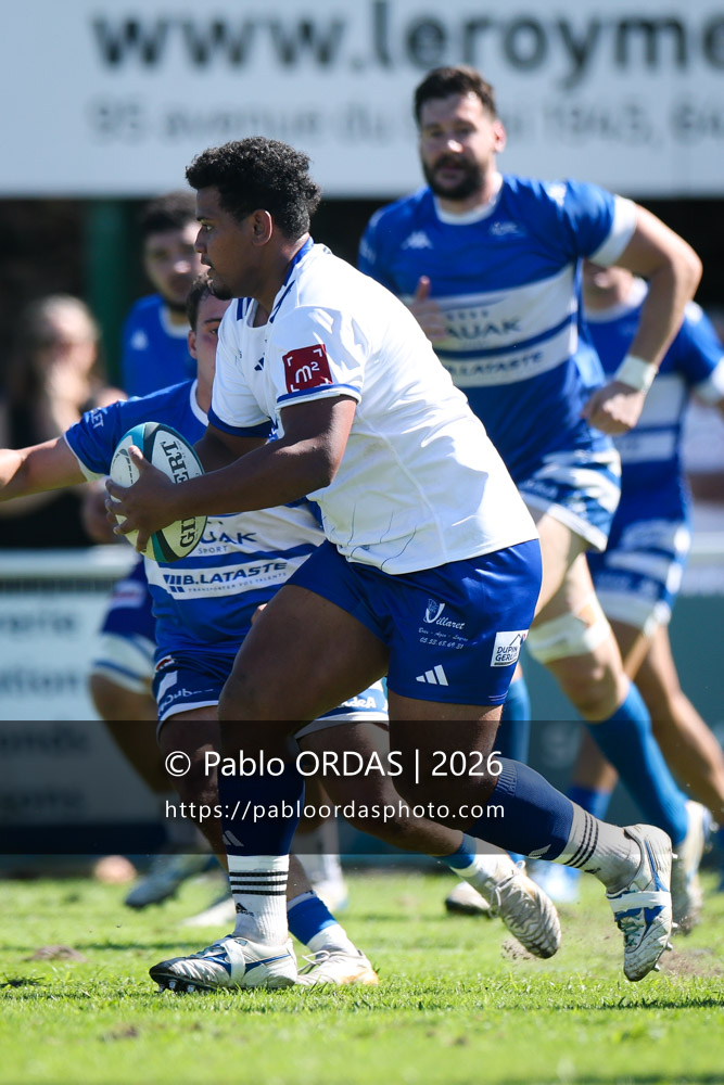 Meriniuma Afatia, lors du match de Fédéraile 1 entre l'Anglet olympique et Layrac, le 13 septembre 2026 au stade Saint-Jean d'Anglet, France (Photo Pablo ORDAS)