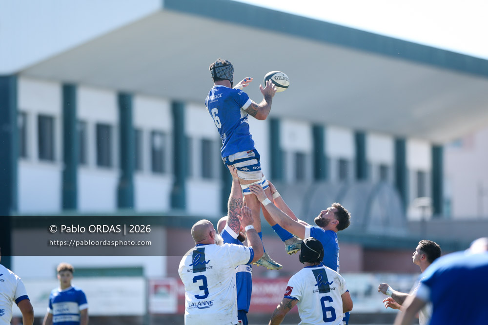 Maxime Egurrola, lors du match de Fédéraile 1 entre l'Anglet olympique et Layrac, le 13 septembre 2026 au stade Saint-Jean d'Anglet, France (Photo Pablo ORDAS)
