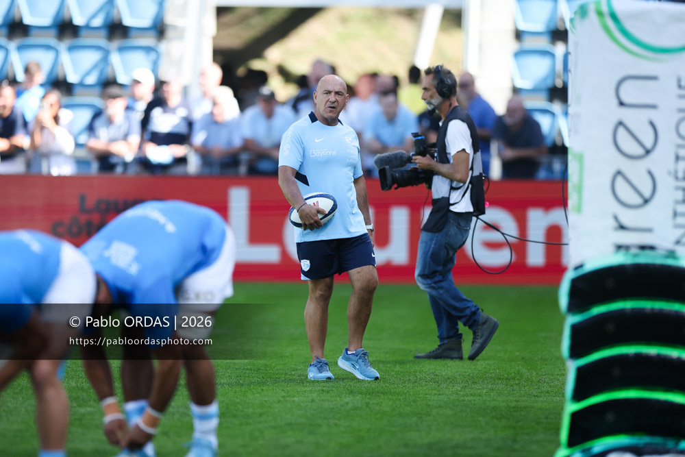 Laurent Travers, lors du match de Top 14 entre l'Aviron bayonnais et Clermont, le 19 septembre 2026 au stade Jean Dauger de Bayonne, France (Photo Pablo ORDAS)