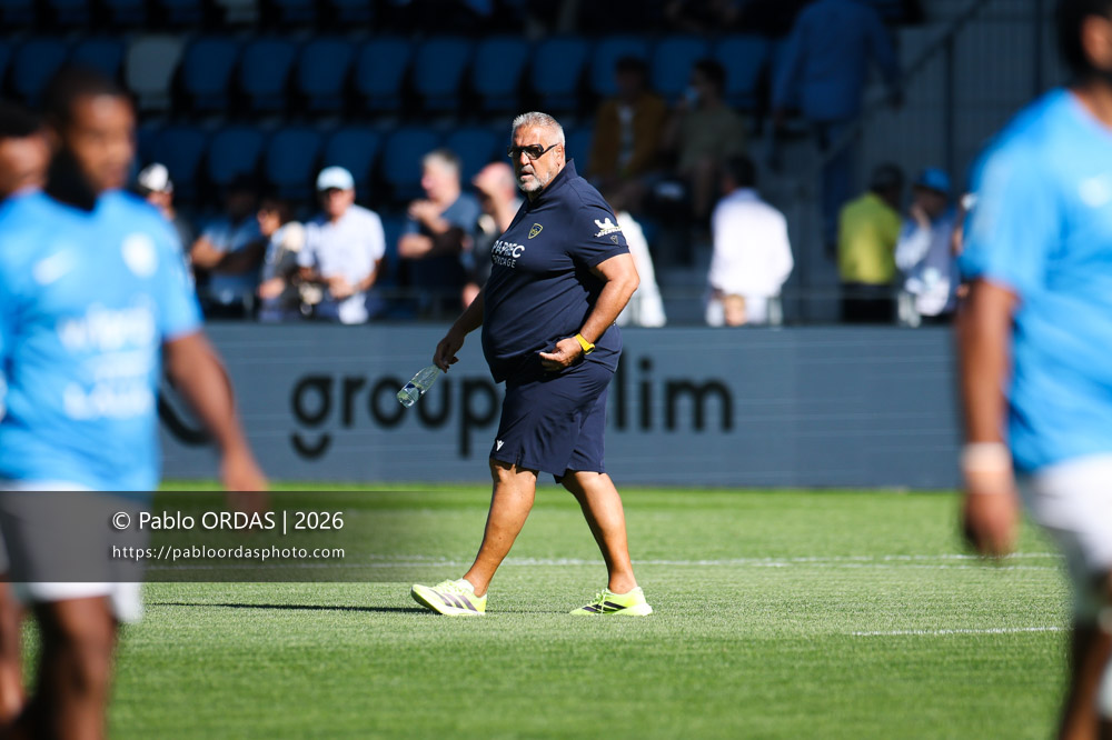 Christophe Urios, lors du match de Top 14 entre l'Aviron bayonnais et Clermont, le 19 septembre 2026 au stade Jean Dauger de Bayonne, France (Photo Pablo ORDAS)
