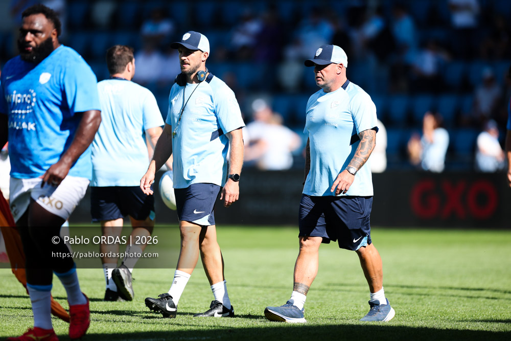 Jean Monribot, Andrea Moretti, lors du match de Top 14 entre l'Aviron bayonnais et Clermont, le 19 septembre 2026 au stade Jean Dauger de Bayonne, France (Photo Pablo ORDAS)
