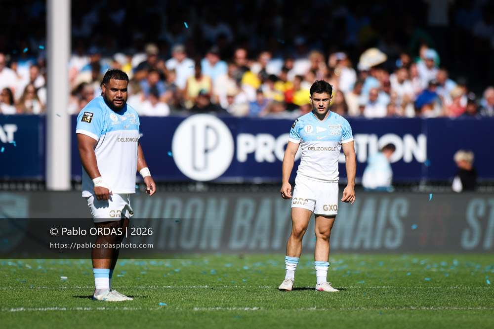 Tevita Tatafu, Baptiste Tilloles, lors du match de Top 14 entre l'Aviron bayonnais et Clermont, le 19 septembre 2026 au stade Jean Dauger de Bayonne, France (Photo Pablo ORDAS)
