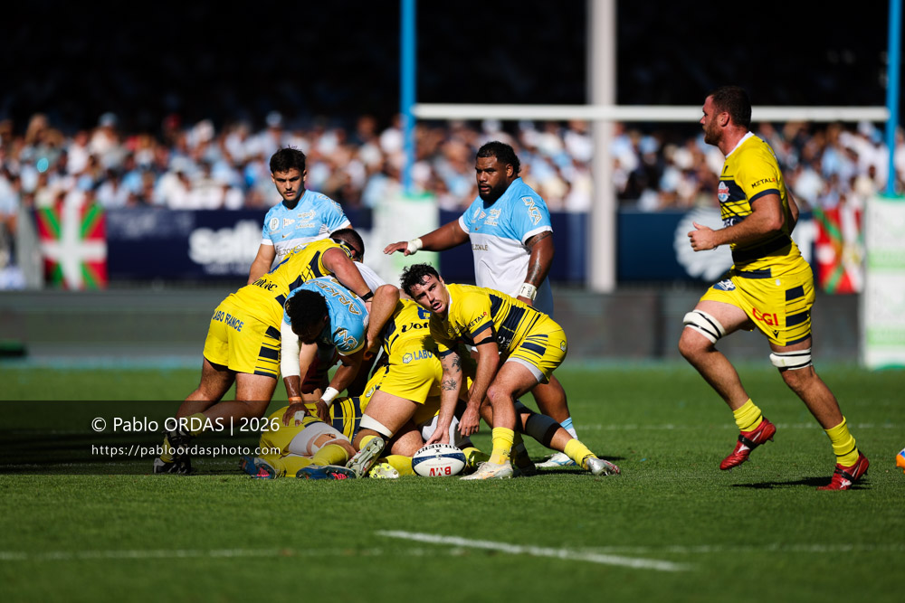 Baptiste Germain, lors du match de Top 14 entre l'Aviron bayonnais et Clermont, le 19 septembre 2026 au stade Jean Dauger de Bayonne, France (Photo Pablo ORDAS)