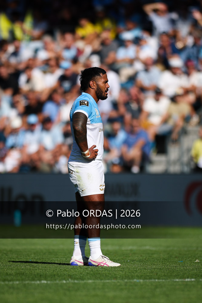 Manu Tuilagi, lors du match de Top 14 entre l'Aviron bayonnais et Clermont, le 19 septembre 2026 au stade Jean Dauger de Bayonne, France (Photo Pablo ORDAS)