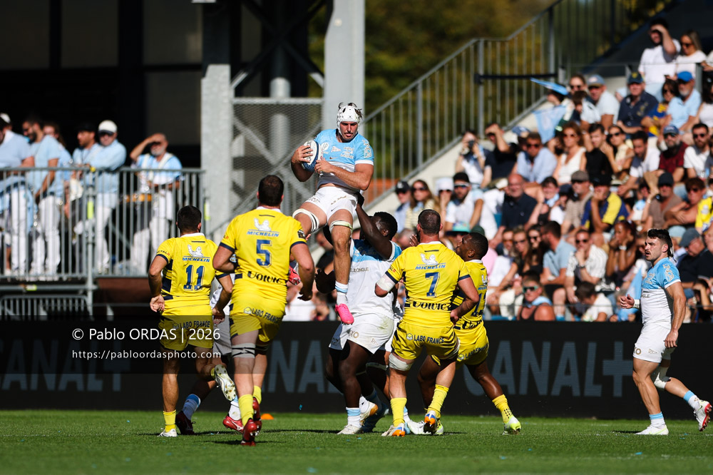 Esteban Capilla, lors du match de Top 14 entre l'Aviron bayonnais et Clermont, le 19 septembre 2026 au stade Jean Dauger de Bayonne, France (Photo Pablo ORDAS)