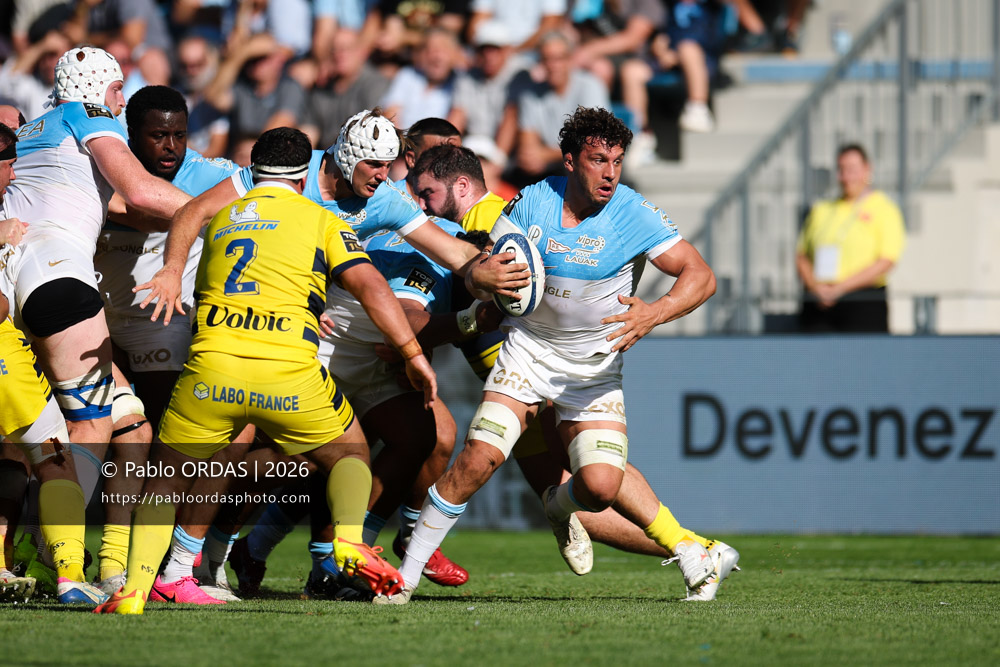 Alexandre Fischer, lors du match de Top 14 entre l'Aviron bayonnais et Clermont, le 19 septembre 2026 au stade Jean Dauger de Bayonne, France (Photo Pablo ORDAS)