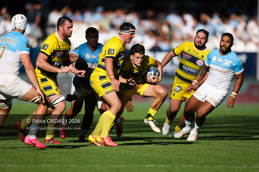 Axel Guillaud, lors du match de Top 14 entre l'Aviron bayonnais et Clermont, le 19 septembre 2026 au stade Jean Dauger de Bayonne, France (Photo Pablo ORDAS)