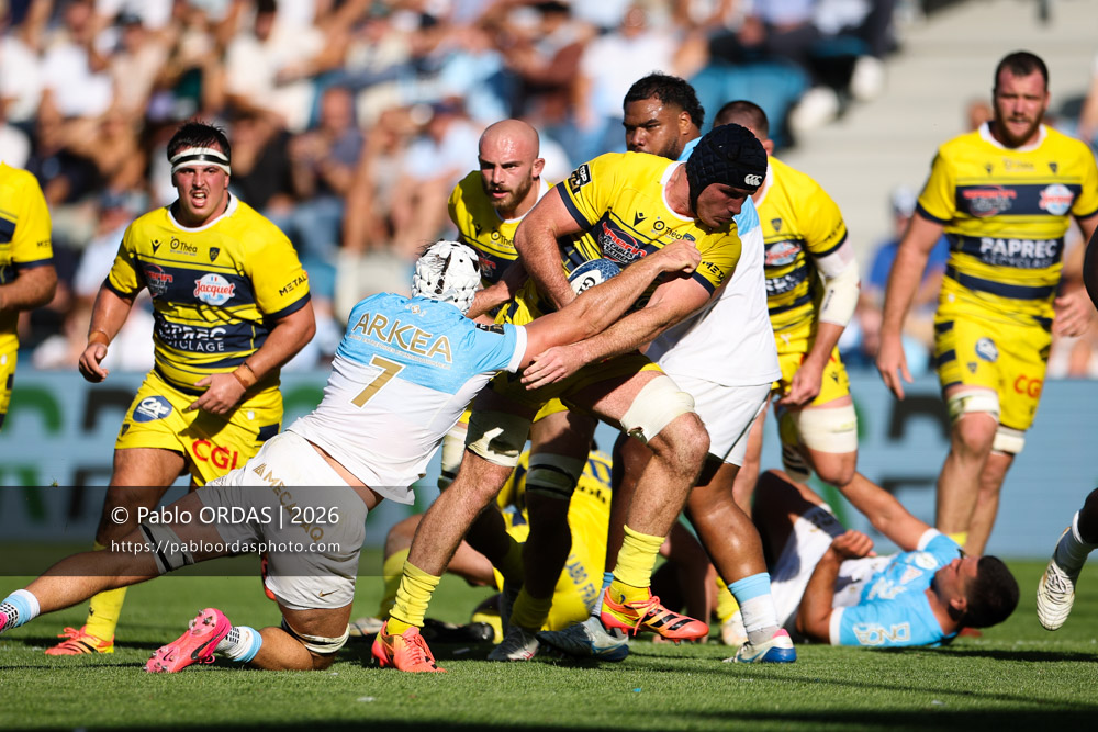 Killian Tixeront, lors du match de Top 14 entre l'Aviron bayonnais et Clermont, le 19 septembre 2026 au stade Jean Dauger de Bayonne, France (Photo Pablo ORDAS)