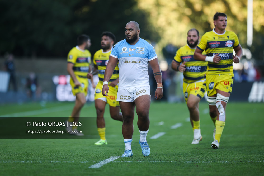 Emerick Setiano, lors du match de Top 14 entre l'Aviron bayonnais et Clermont, le 19 septembre 2026 au stade Jean Dauger de Bayonne, France (Photo Pablo ORDAS)