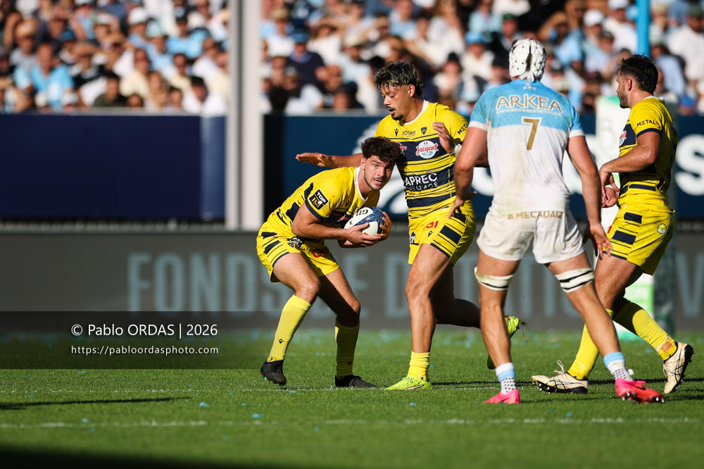 Justin Bouraux, lors du match de Top 14 entre l'Aviron bayonnais et Clermont, le 19 septembre 2026 au stade Jean Dauger de Bayonne, France (Photo Pablo ORDAS)