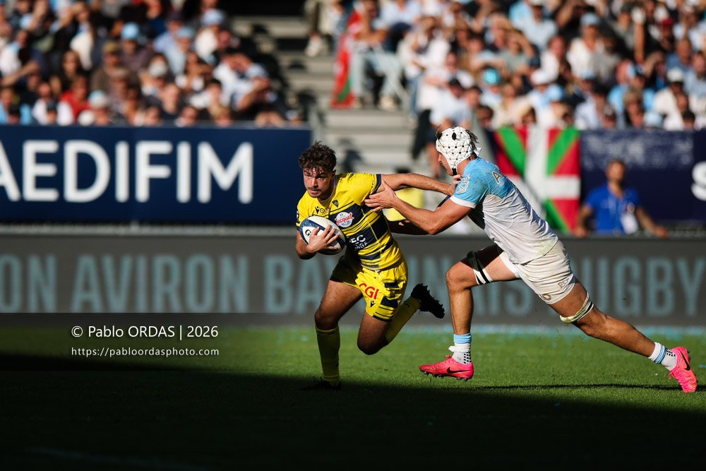 Justin Bouraux, lors du match de Top 14 entre l'Aviron bayonnais et Clermont, le 19 septembre 2026 au stade Jean Dauger de Bayonne, France (Photo Pablo ORDAS)