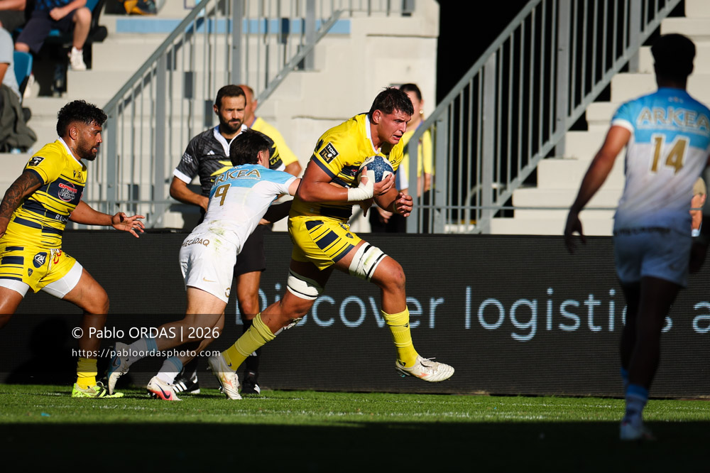 Léo Michaux, lors du match de Top 14 entre l'Aviron bayonnais et Clermont, le 19 septembre 2026 au stade Jean Dauger de Bayonne, France (Photo Pablo ORDAS)