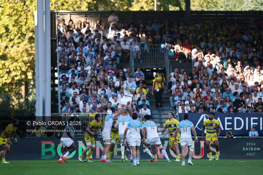 Baptiste Héguy, lors du match de Top 14 entre l'Aviron bayonnais et Clermont, le 19 septembre 2026 au stade Jean Dauger de Bayonne, France (Photo Pablo ORDAS)