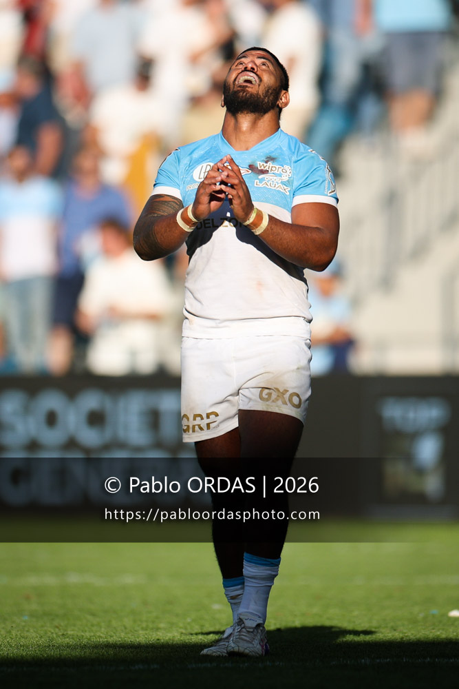 Manu Tuilagi, lors du match de Top 14 entre l'Aviron bayonnais et Clermont, le 19 septembre 2026 au stade Jean Dauger de Bayonne, France (Photo Pablo ORDAS)