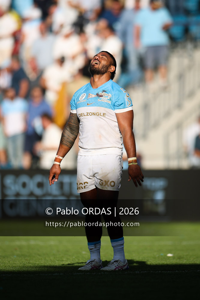 Manu Tuilagi, lors du match de Top 14 entre l'Aviron bayonnais et Clermont, le 19 septembre 2026 au stade Jean Dauger de Bayonne, France (Photo Pablo ORDAS)