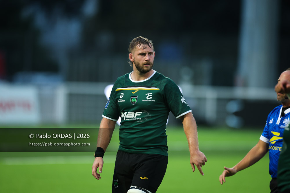 Karl Wilkins, lors du match de Pro D2 entre le Biarritz olympique et Montauban, le 25 septembre 2026 au stade Aguiléra de Biarritz, France (Photo Pablo ORDAS)