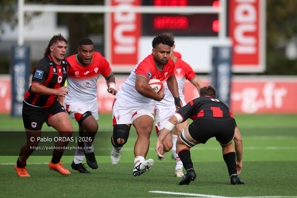 Sione Vailanu, lors du match de Pro D2 entre le Biarritz olympique et Nissa Rugby, le 27 août 2026 au stade Aguiléra de Biarritz, France (Photo Pablo ORDAS)