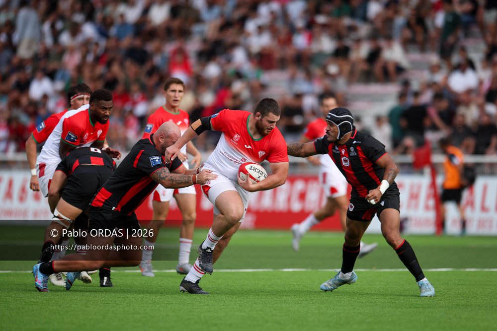 Kakhaber Darbaidze, lors du match de Pro D2 entre le Biarritz olympique et Nissa Rugby, le 27 août 2026 au stade Aguiléra de Biarritz, France (Photo Pablo ORDAS)