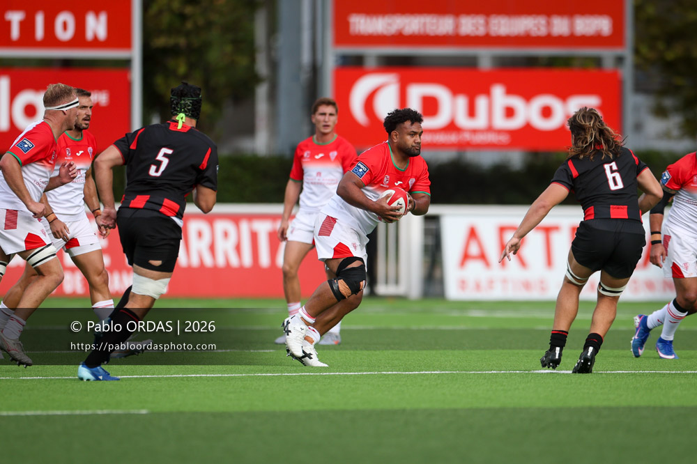 Sione Vailanu, lors du match de Pro D2 entre le Biarritz olympique et Nissa Rugby, le 27 août 2026 au stade Aguiléra de Biarritz, France (Photo Pablo ORDAS)