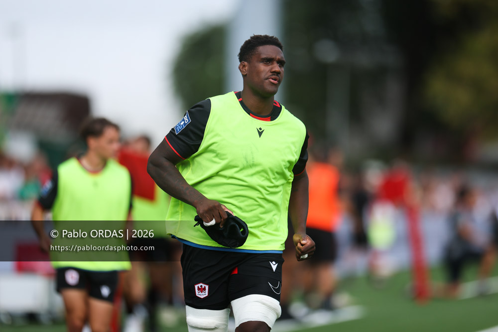 Joel Kpoku, lors du match de Pro D2 entre le Biarritz olympique et Nissa Rugby, le 27 août 2026 au stade Aguiléra de Biarritz, France (Photo Pablo ORDAS)
