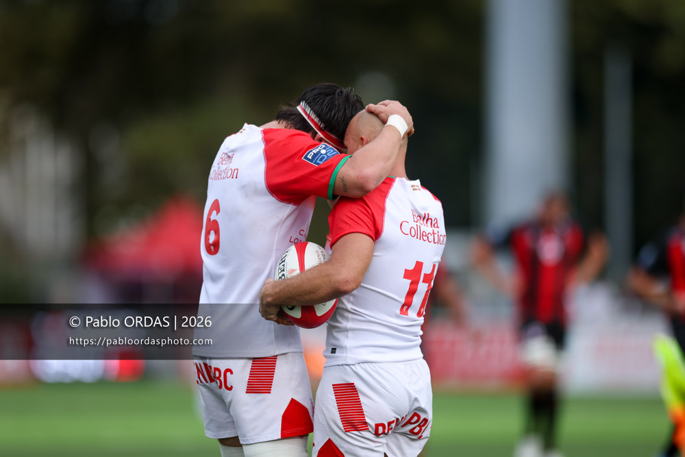 Andrea Sacco, Mathieu Acebes, lors du match de Pro D2 entre le Biarritz olympique et Nissa Rugby, le 27 août 2026 au stade Aguiléra de Biarritz, France (Photo Pablo ORDAS)