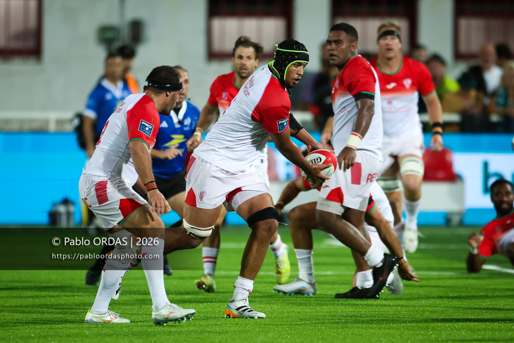 Aston Fortuin, lors du match de Pro D2 entre le Biarritz olympique et Montauban, le 25 septembre 2026 au stade Aguiléra de Biarritz, France (Photo Pablo ORDAS)