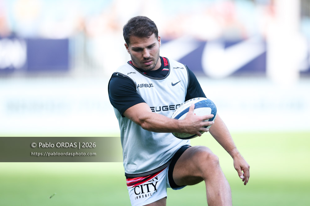 Antoine Dupont, lors du match amical entre l'Aviron bayonnais et le Stade toulousain, le 28 août 2026 au stade Jean Dauger de Bayonne, France (Photo Pablo ORDAS)