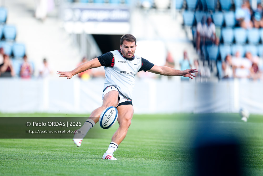Antoine Dupont, lors du match amical entre l'Aviron bayonnais et le Stade toulousain, le 28 août 2026 au stade Jean Dauger de Bayonne, France (Photo Pablo ORDAS)