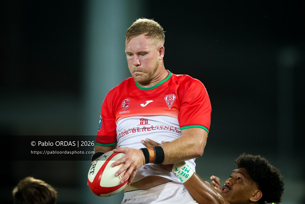 Heath Backhouse, lors du match de Pro D2 entre le Biarritz olympique et Montauban, le 25 septembre 2026 au stade Aguiléra de Biarritz, France (Photo Pablo ORDAS)