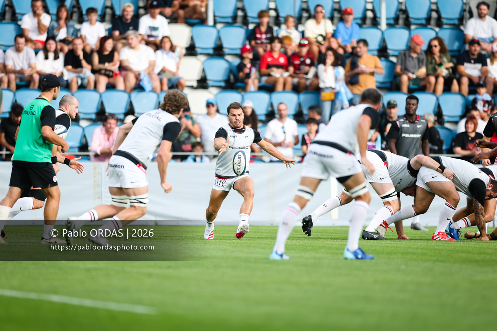 Antoine Dupont, lors du match amical entre l'Aviron bayonnais et le Stade toulousain, le 28 août 2026 au stade Jean Dauger de Bayonne, France (Photo Pablo ORDAS)