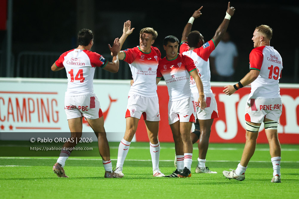 Iban Laclau, Kerman Aurrekoetxea, lors du match de Pro D2 entre le Biarritz olympique et Montauban, le 25 septembre 2026 au stade Aguiléra de Biarritz, France (Photo Pablo ORDAS)