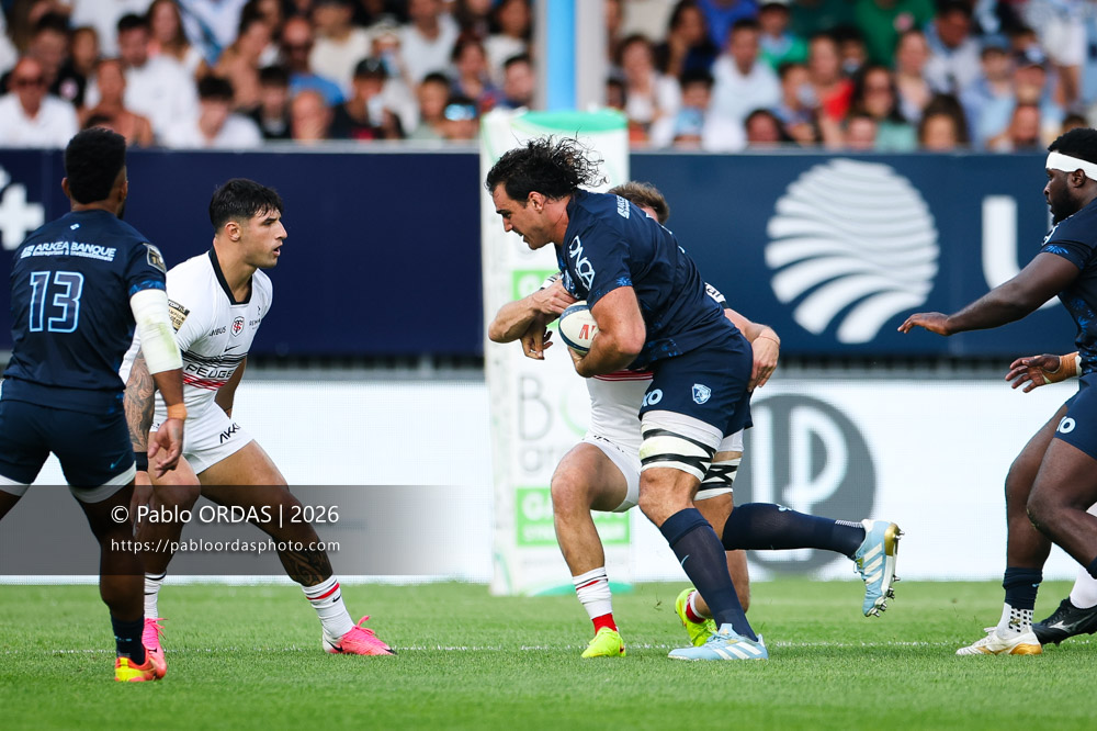 Lucas Paulos, lors du match amical entre l'Aviron bayonnais et le Stade toulousain, le 28 août 2026 au stade Jean Dauger de Bayonne, France (Photo Pablo ORDAS)